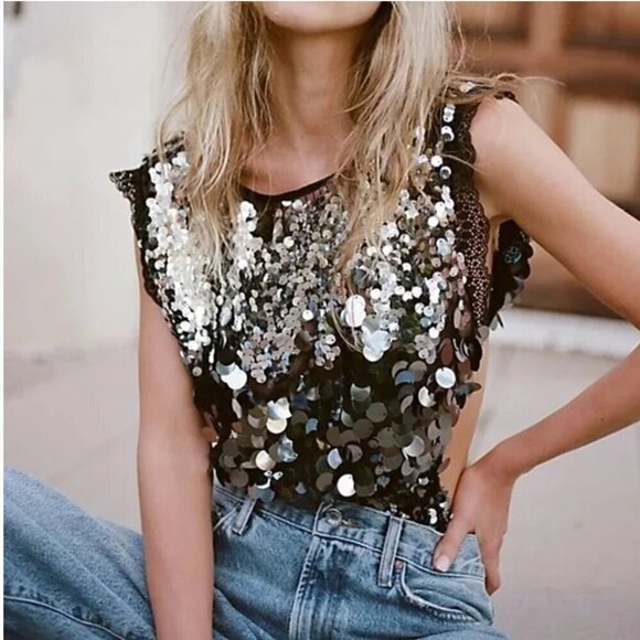 NWT Intimately Free People Main Character Bodysuit Silver Sequence Sz S - Picture 1 of 9